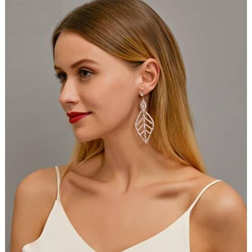 Golden Silver Plated Copper Party Double Leaf Rhinestone Starry Bling Hollow Oval Dangle Earrings & Drop Earrings for Women