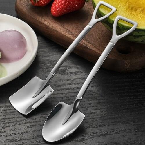 Retro shovel Flat coffee Tea Ice cream Metal spoon Gift creative Bar stainless steel dessert Spoons Set Housewares kitchen