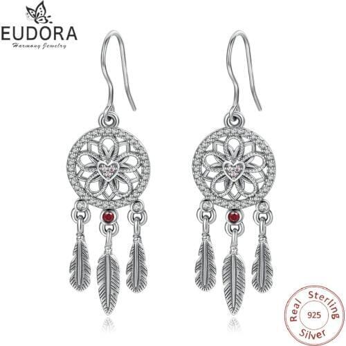 EUDORA Unique Real 925 Sterling Silver Dream catcher Earring Romantic Feather Dangle Drop Earring Women Fine Jewelry Gift E81