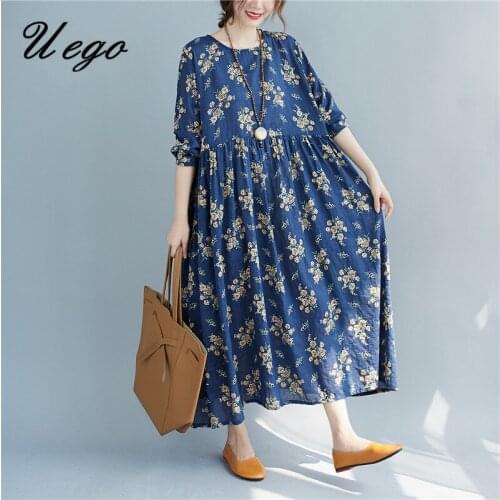 Uego 2021 New Spring Women Long sleeve Dress Vintage Dress Floral Print Plus Size Loose Women Dress Female Autumn Casual Dresses
