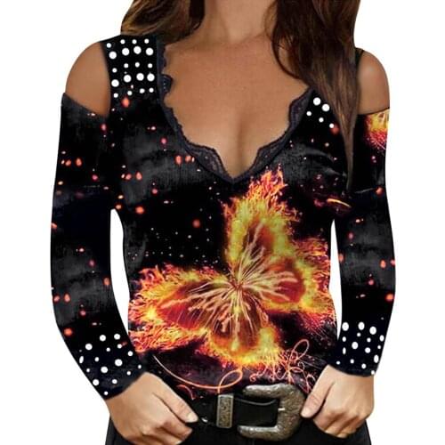 Autumn Brand New Women Fashion V-Neck Long Sleeve Sexy T Shirt Print Dinner Party Elegant Office Lady Lace Off Shoulder T-Shirts