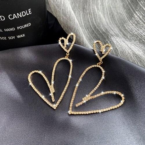 LATS Fashion Full Rhinestone Heart Dangle Earrings Exaggerated Long Earrings for Women 2020 Korean Jewelry Drop Earings
