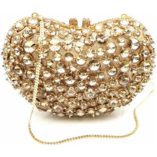 Women heart shape gold Crystal Clutch Evening Bags Bridal Metal silver Rhinestones Handbags Wedding Party Purse Bolso De Boda