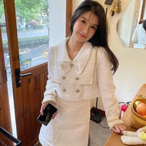 Womens Spring Aautumn New Korean Suits Retro England Style Ddoll Collar Jacket + A-Word Skirt Two Pieces Sets