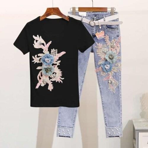 Summer Women Set Nail beads sequin letter print Cotton T shirt + loose hole Denim Pants two piece set women tops and pants