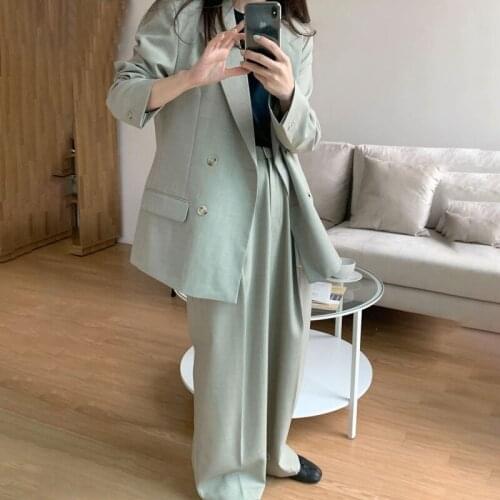 2021 Women Autumn Blazer Two Piece Set Sharpe Collar Double Breasted Suits Tops with High Waist Folds Wide Leg Pants