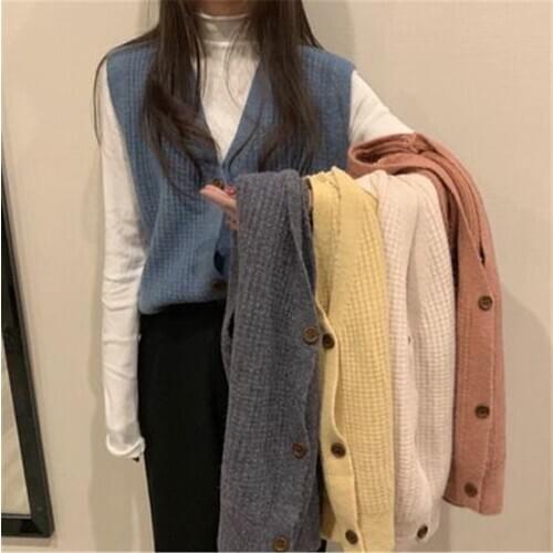 Vest Women Colorful V-neck Knitted Sleeveless Sweater Preppy-style Solid Single-breasted Open-stitch Students All-match Tops