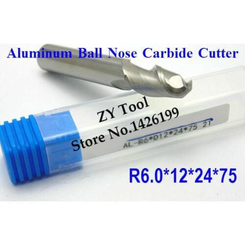 1PCS 2F-R6.0*12*24*75 Aluminum Carbide Ball nose End Mill,CNC router bits, Aluminum carbide cutter,machine, CNC milling tools