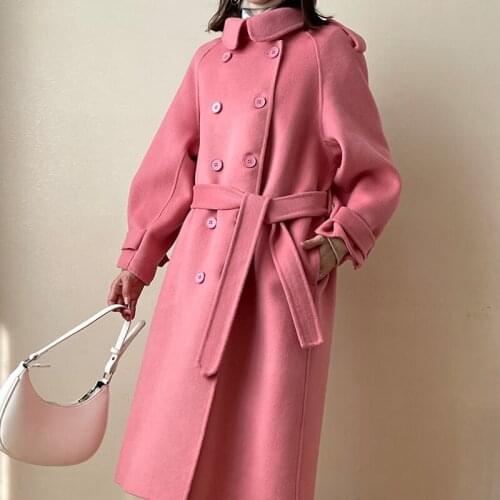 2021 Women Elegant Solid Double Dreasted Woolen Coats Female Sashe Vintage Winter Outerwears Office Lady Warm Coats