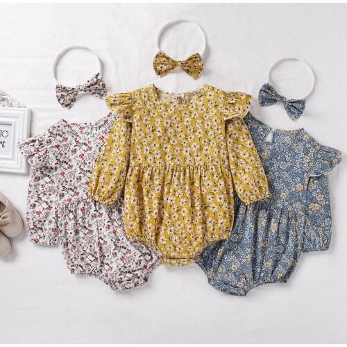 FOCUSNORM Princess Baby Girls Bodysuits Headband Flowers Print Ruffles Long Sleeve Bow Jumpsuits 2pcs 0-24M