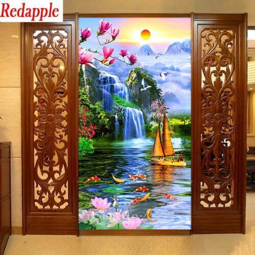 Large DIY Diamond Embroidery beautiful Waterfall Boat 5d Full diamond painting Cross Stitch Mosaic Magnolia Flowers Koi FIsh art