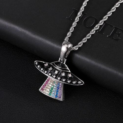 D&Z Micro Paved Colorful Cubic Zirconia Alien UFO Pendant Necklace For Mens Hip Hop Iced Out Jewelry Bijoux