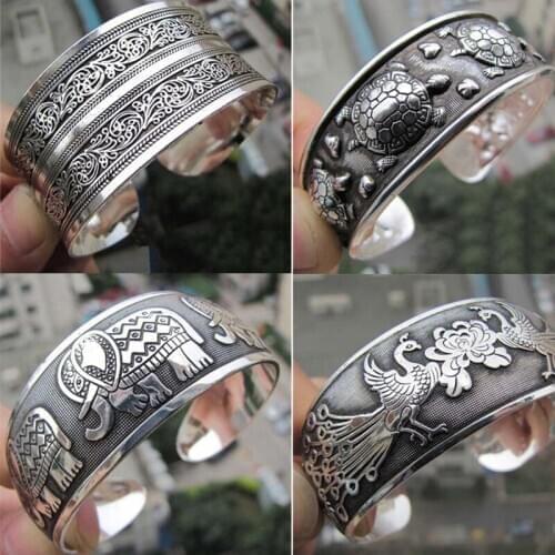 Hot Retro Chinese Style Adjustable Antique Silver Plated Tibetan Bracelets Women Cuff Bangle Presonality Bracelet Jewelry Gift