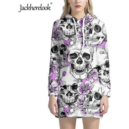 Jackherelook Rose Sugar Skull Brand Design Women Pullover Hoodies Dress With Pocket Winter Long Sleeve Drawstring Sweatshirts