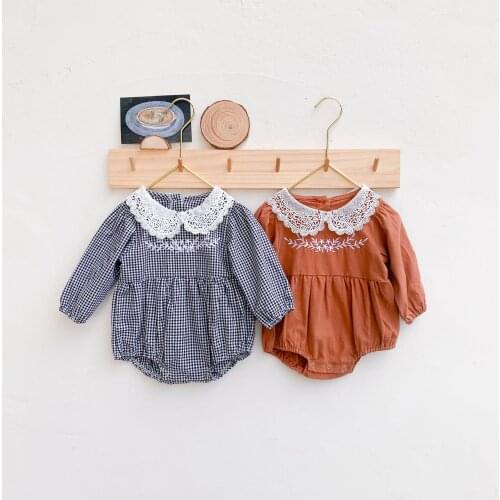 Korean Style 2020 Autumn Newborn Baby Plaid Bodysuits Lace Collar Long Sleeve Infants Jumpsuits Toddlers Clothes