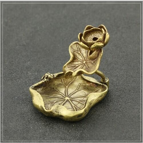 Brass Lotus Leaf Backflow Incense Burner Solid Pure Copper Frog Lotus Pond Censer Home Office Desk Decor Ornament Toy Gift