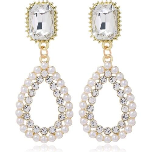 Mayjim Statement Fashion European American fashion metal simple versatile pearl inlaid diamond water drop Earrings