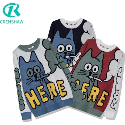 CRENSHAW Mens Sweaters Pullovers Cartoon Funny Cat O-Neck Knitted Sweater Jumpers Womens Casual Streetwear Loose Japanese Tops