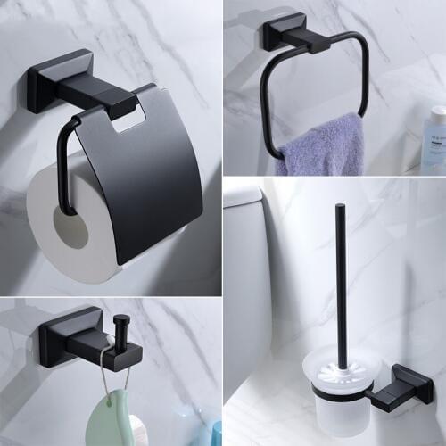 Newest Matte Black brass 4-Piece Bathroom Hardware Accessory Set paper holder towel ring Robe hook Toilet brush holder