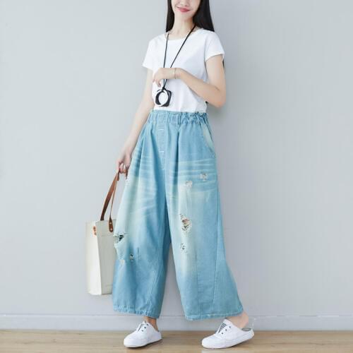 New vintage hole make old trousers loose female large size elastic waist wide leg cotton basic all matched fashion causal jeans