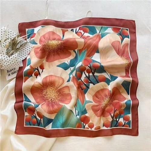 New Female Coffee Pure Silk Scarf Bag Scarf Fashion Flower Design Small Square Scarves Summer Women Elegant Brand Neck Scarf