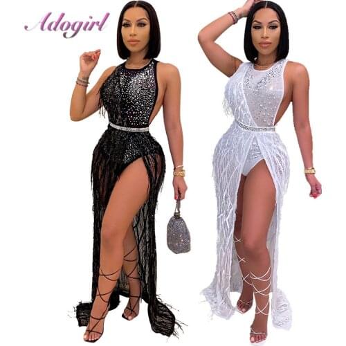 Sexy Sequins Diamond High Split Backless Evening Party Long Dress Women Elegant Feather Sleeveless Floor Length Dresses Vestidos