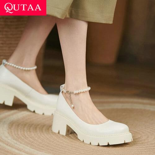 QUTAA 2022 Round Toe Buckle Square Med Heels Cow Leather Women Pumps Spring Autumn String Bead Shallow Ladies Shoes Size 34-39