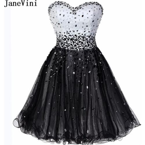 JaneVini Luxury Black Crystal Cocktail Dresses Short Beaded Sweetheart Tulle Sexy Women Party Gown Evening Club Dress Sukienka
