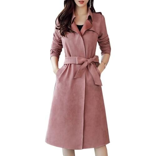 Autumn Suede Trench Coat Women Fashion Long Elegant Outwear With Belt Overcoat Slim Suede Cardigan Trench Kme Korean Clothes New