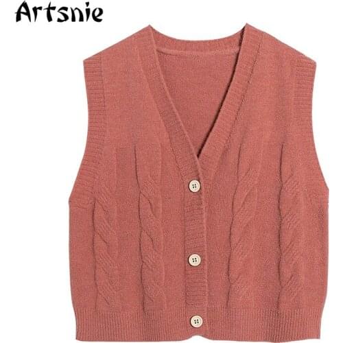 Artsnie Spring 2021 Sweater Vest Women V Neck Sleeveless Knitted Pull Femme Vintage Casual Single Breasted Sweaters Vest Female