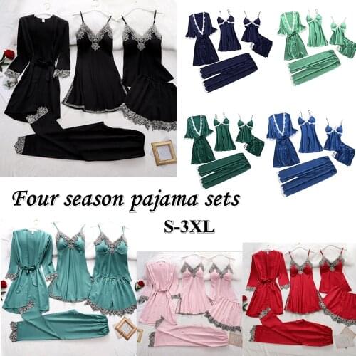 Women Pajama 5-Piece Set 2021 Fashion Solid Color V-neck Laxe Robe Set Pijama Mujer Female Sexy Four Season Sleepwear Robe Dress