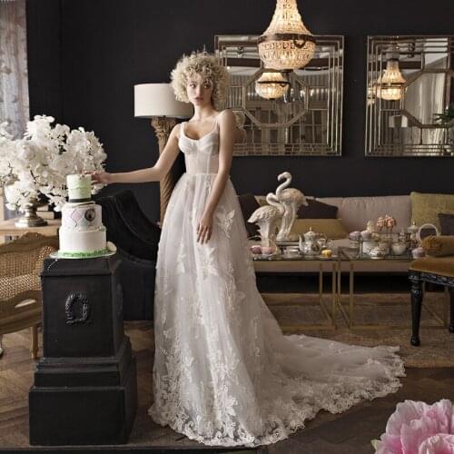 Eightree Beach Wedding Dress Elegant Boho Square Collar Bohemian A-Line Lace Bridal Dress Backless Applique Wedding Evening Gown