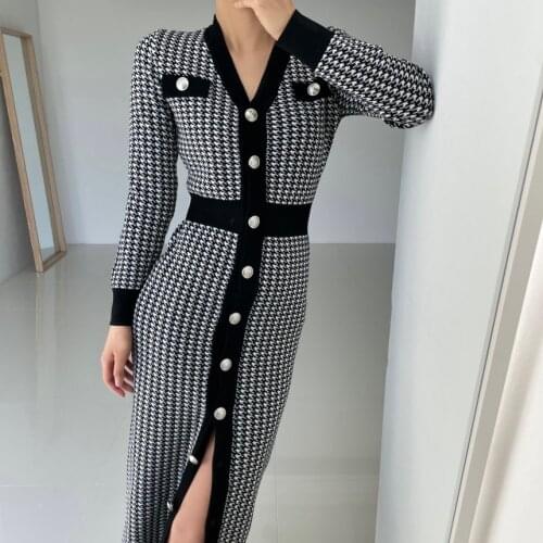 New Autumn Houndstooth Knitted Dress Women V-neck Contrast Color Slim Fit Office Lady Long Midi Sweater Dresses Korean Elegant