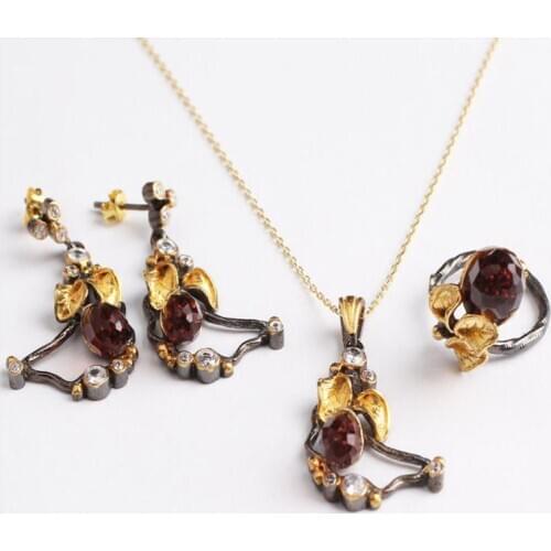 Zultanite Leaf Jewelry Set Gold Plated, Woman Delicate Silver Zultanite Ring+Necklace+Earrings, Handmade Woman Silver