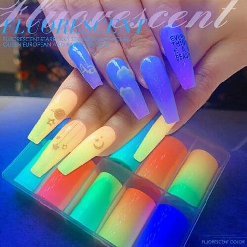 10Pcs Fluorescent Nail Art Foil Transfer Stickers Set Summer Glitter Colorful Nail Art Decals DIY Decoration For Manicures