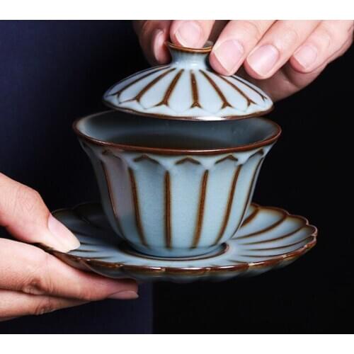 150ml KungFu Tea Set Advanced Ru Folk Porcelain Tea Tureen,Chinese Kung Fu Flower Gaiwan Puer Kettle,Teapot Lovers Can Raise