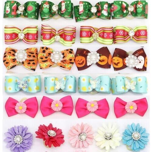 20pcs Cute Dog Hair Bows Dog Cat Kitten Hair Bows Pet Rubber Band Puppy Hair Clips Christmas Halloween Pet Grooming Accessories