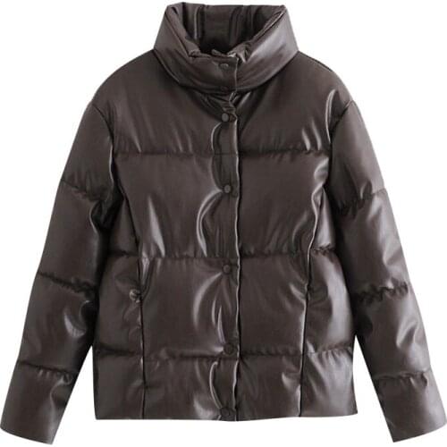 2021 Faux Leather Padded Jacket Loose Parkas Coat Female Solid Stand Collar Outerwear Waterproof Streetwear Fashion Casual