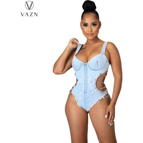 VAZN 2021 Top Quality Solid Special Sexy Club Hollow Out Denim Bodysuits Spaghetti Strap Women High Waist Skinny Bodysuits
