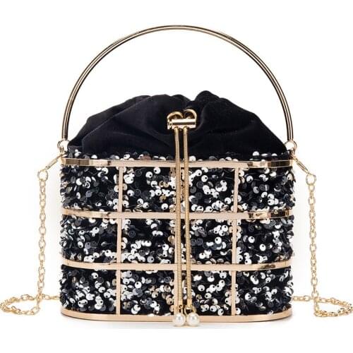 Velvet Metal Cage Evening Clutch Bag For Women 2021 Handbags And Purses Luxury Sequins Chain Bucket Bridal Wedding Party Bag