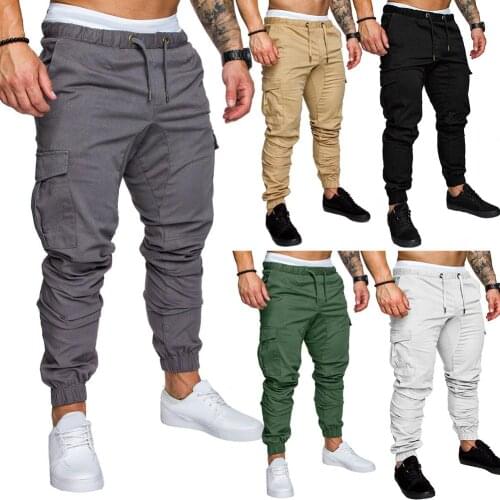Mens Cargo Pants Casual Cotton Trousers Men Pants Solid Color Pockets Waist Drawstring Ankle Tied Skinny Cargo Pants