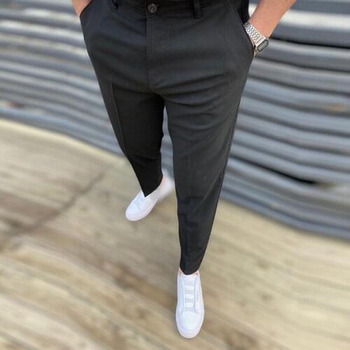 Casual Business Men Solid Pants Spring Autumn Fashion Slim Fit Long Trouser For Mens Mid Waist Buttoned Design Pants Streetwear