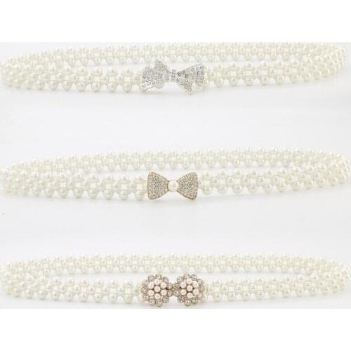 Elegant Women Pearl Belt Waist Belt Elastic Buckle Pearl Chain Belt Female Girls Dress Crystal Strap