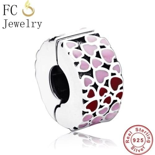 FC Jewelry Fits Original Brand Charm Bracelet 925 Sterling Silver Pink Enamel Heart Beads Clips Stopper Making Women Berloque