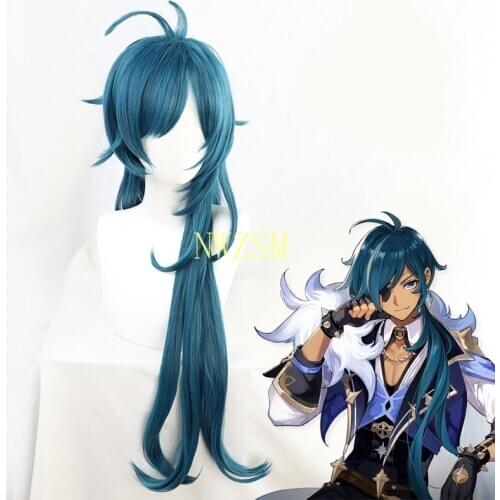 Genshin Impact Kaeya Green Blue Wavy Long Cosplay Heat Resistant Synthetic Hair Halloween Carnival Party + Free Wig Cap