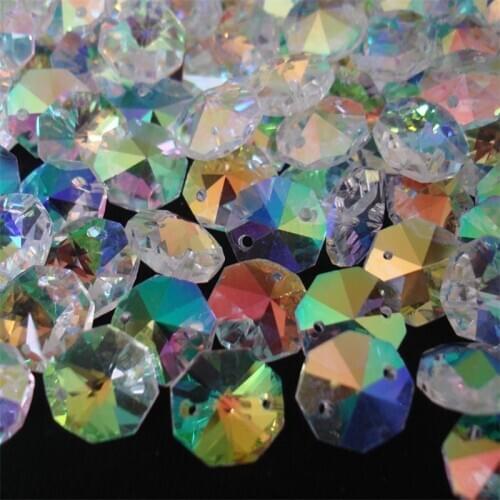 Crystal AB Color 14mm Crystal Octagon Beads With 2 Holes Pendants Glass Parts For Chandelier Suspension