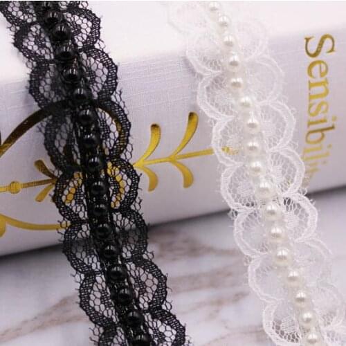 10Yards White Black Pearl Beaded Embroidered Rhinestones Lace Applique Braided Lace Ribbon Trimming Collar For Wedding Dress