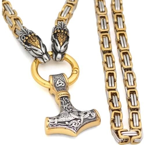 Men Fenrir wolf head with MJOLNIR Thor Hammer norse viking pendant necklace king chain