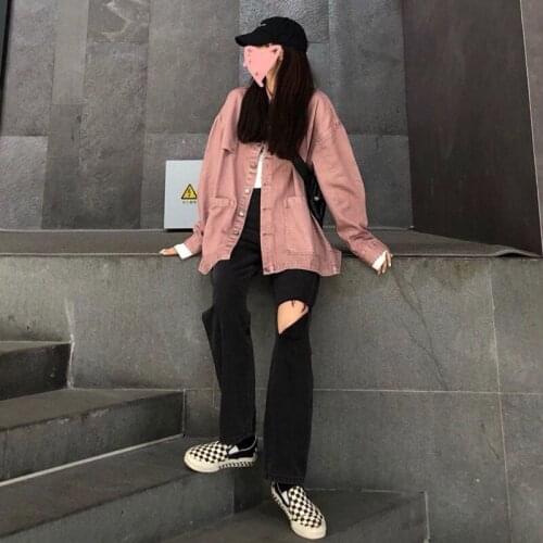 Spring smoke pink cowboy coat womens ins new Korean loose retro versatile student Jacket Top Harajuku