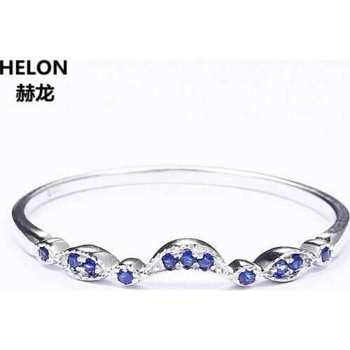 Solid 14k White Gold Natural Sapphires Engagement Ring Women Wedding Band